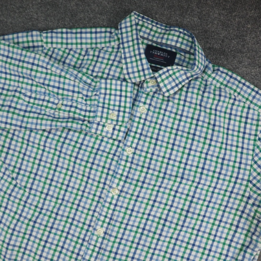 Charles Tyrwhitt Weekend Mens Large Slim Fit Green Blue Check Gingham Shirt